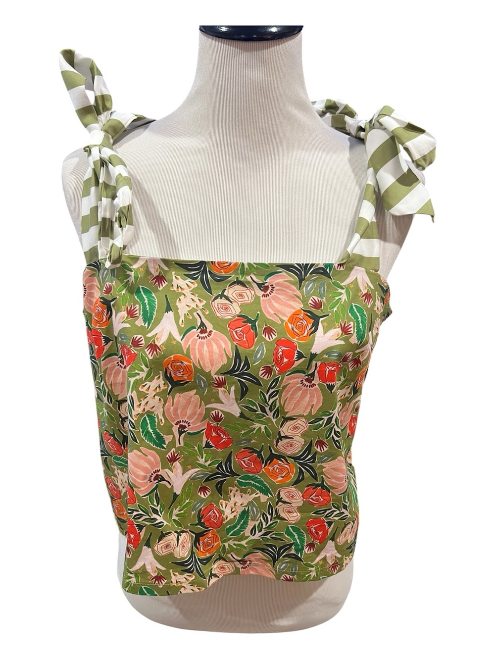 Buru Sage Floral Stripe Adjustable Tie Straps Button Back Pillar Top XL NWT